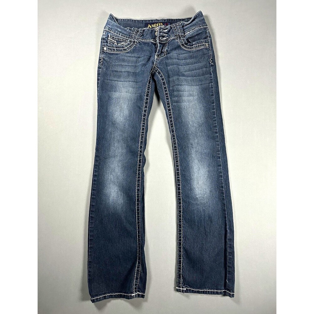 Y2K Angels Women’s Blue Medium Wash Bootcut Jeans Slim Low Rise Studded 5-Pocket